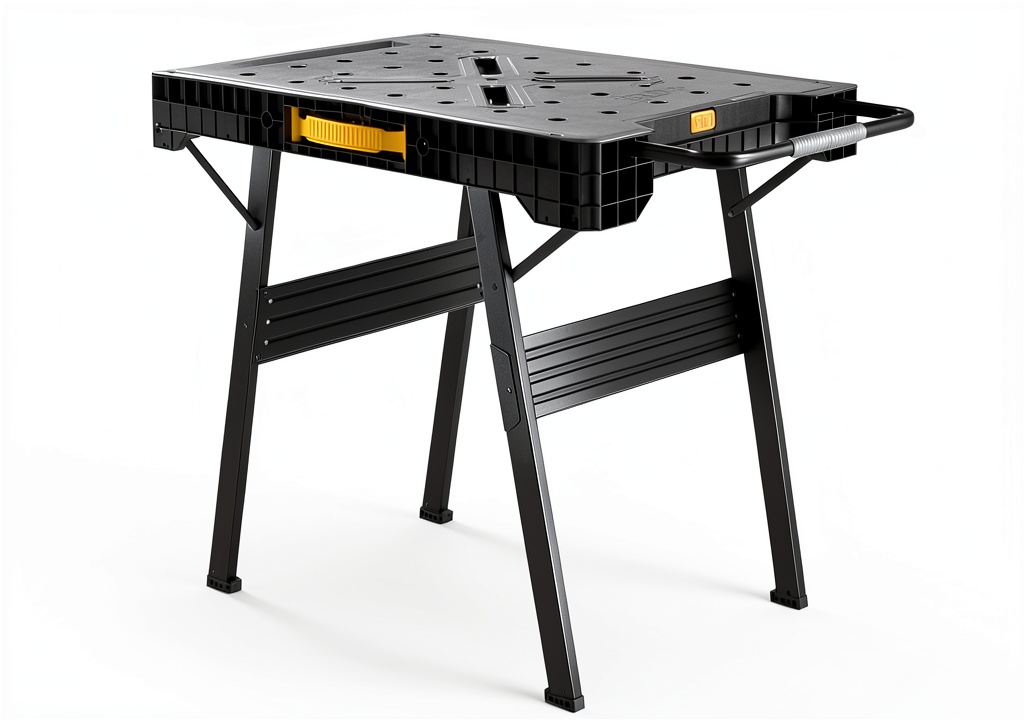 DEWALT workbench in a workshop setting with tools arranged on the surface